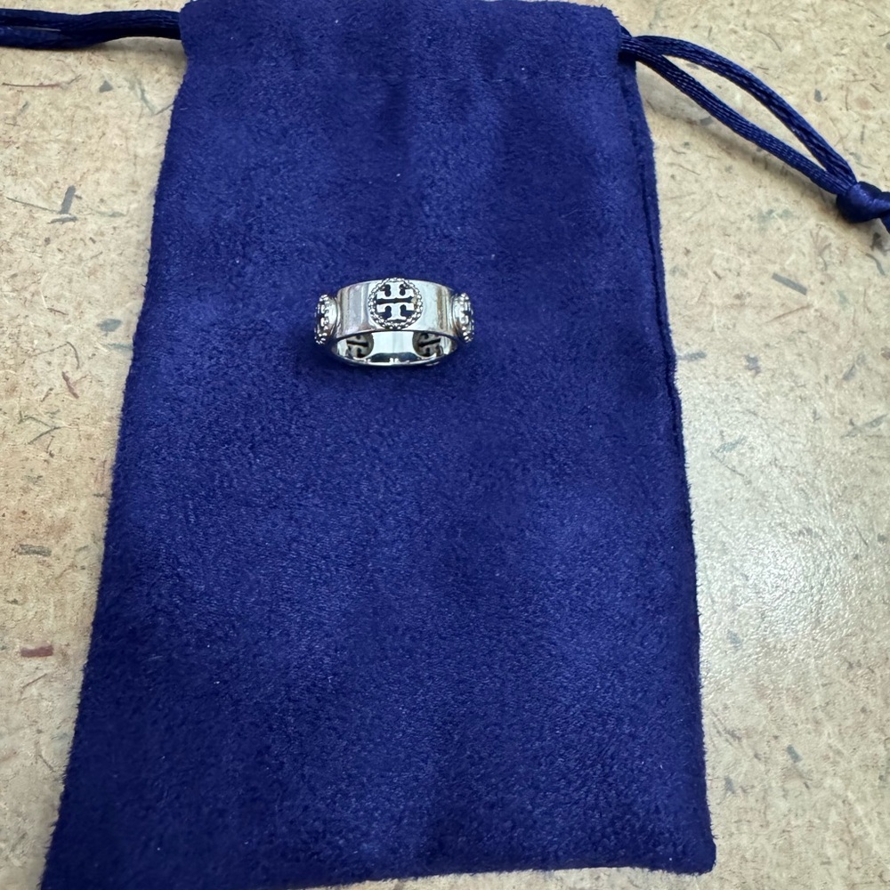 Tory Burch Silver Logo Ring with new Blue drawstring pouch!